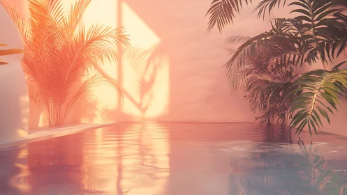 Soft sunrise palms lean over a glassy pastel pool