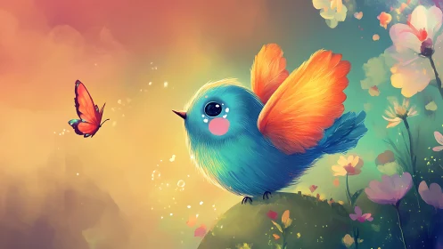 Sunrise songbird meets fluttering dawn-winged butterfly.