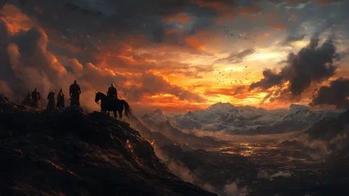 Warriors on a mountain ridge watch a blazing fantasy sunset.
