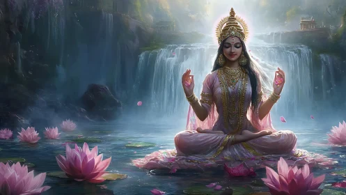 Lotus-born goddess meditates beneath cascading dreamwater.