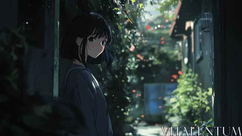 Backlit anime girl stands in narrow alleyway with dappled light