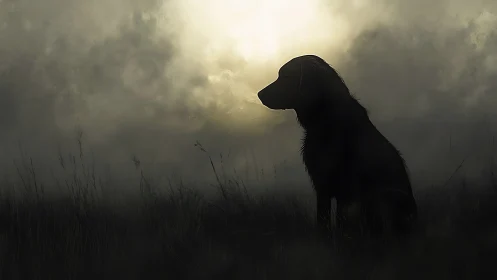 Silhouette of dog in misty field at dawn or dusk.