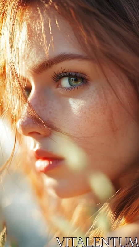 Soft golden portrait with sunlit freckles and gentle gaze.
