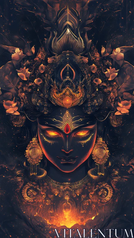 Mythic fire goddess portrait with ornate lotus crown and embers