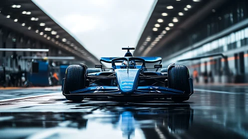 Wet pit lane front view of blue single seater racing car