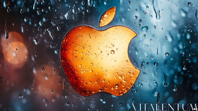 Golden apple-shaped logo behind wet glass surface.