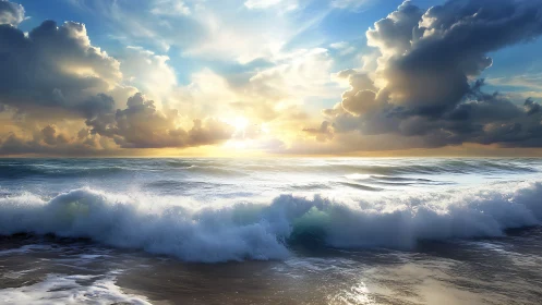 High-dynamic-range ocean surf under volumetric sunset clouds