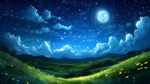 Moonlit meadow dreaming under a star-sparked velvet sky.