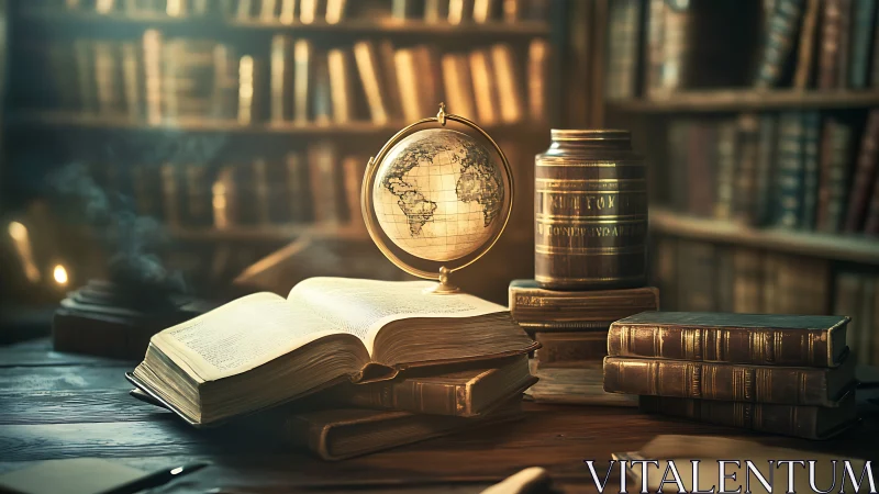 Vintage study desk with illuminated globe and leather books.