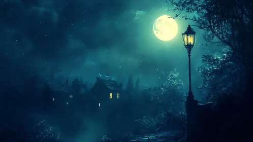 Moonlit village path glows softly under a watchful lamppost