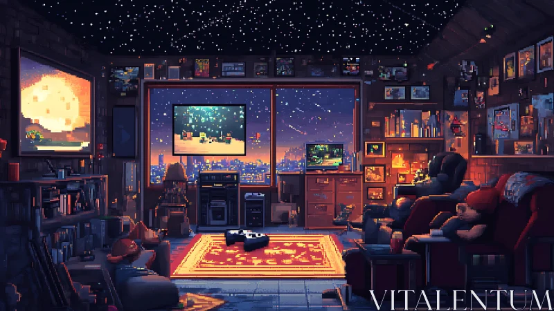 Pixel art gaming room interior with night city view.