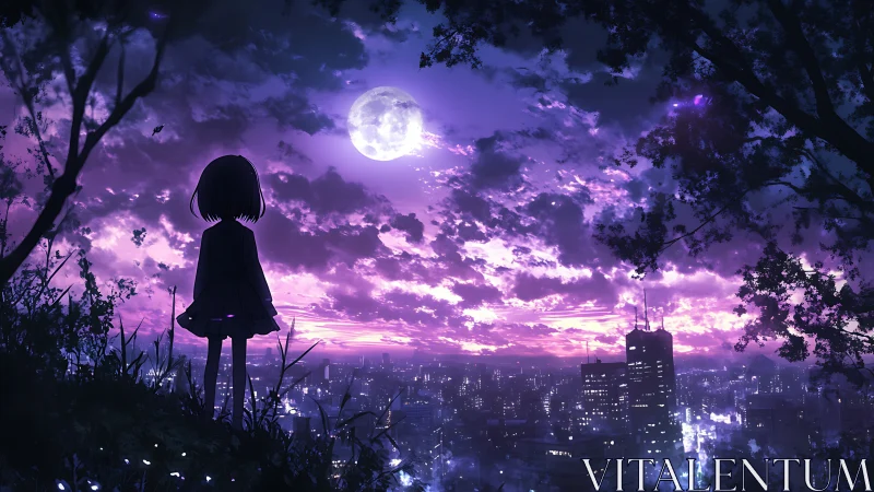 Moonlit overlook with silhouetted girl above neon cityscape.