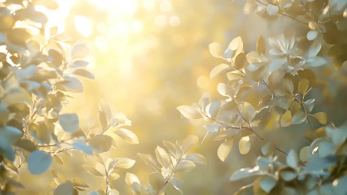 Sunlit Leaves with Soft Golden Light, Dreamy Nature Photography.