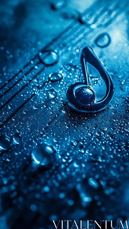 Liquid music note symbol on glossy blue wet surface.