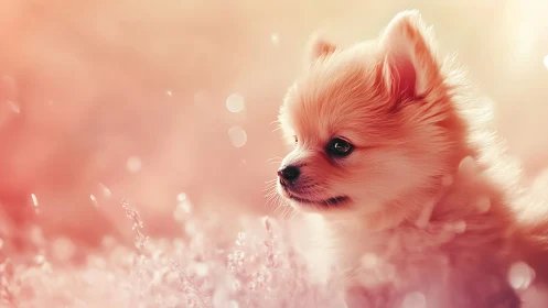 Side profile of small fluffy dog in soft pink field.