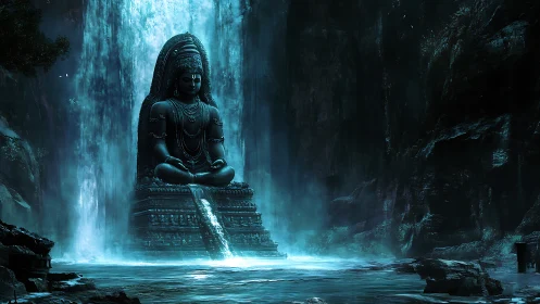 Colossal stone deity beneath luminous cascading falls.