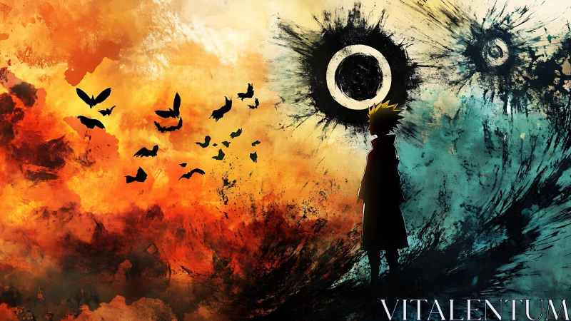 Lone anime figure gazes at splattered eclipse sky divide.