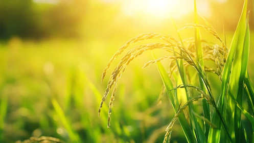 Sunlit rice stalks glow against soft golden background.