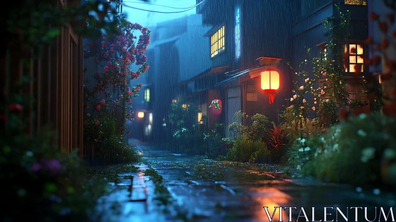 Rain-soaked alleyway with glowing lanterns at night.