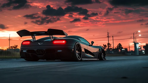 Low black supercar sits on urban road under vivid sunset sky