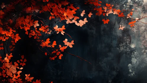 Scarlet autumn leaves against deep moody abstract forest.
