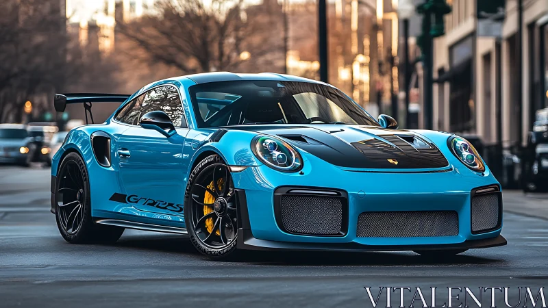 Sleek blue sports car savors a confident pause on city streets