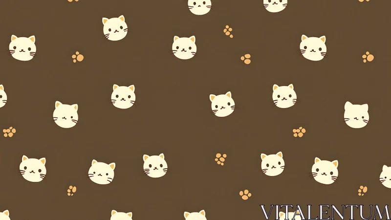 Whimsical Cat Faces and Paw Prints on Warm Brown Background.