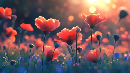 Red Poppies Bathed in Golden Sunlight with Bokeh