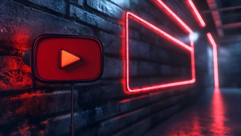 Neon YouTube Play Button in Futuristic Urban Alleyway Scene.