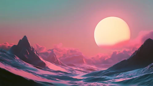 Neon-tinted alien seascape renders sharp peaks under overscaled sun