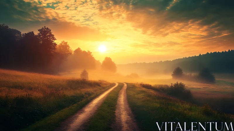 Rural dirt road through fields at low sun over misty trees.