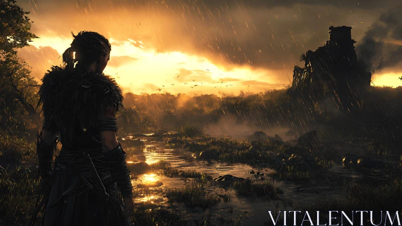 Stormlit warrior studies the burning tower beyond the marsh