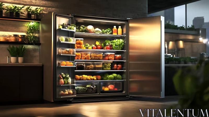 High-capacity LED refrigerator with organized produce storage.