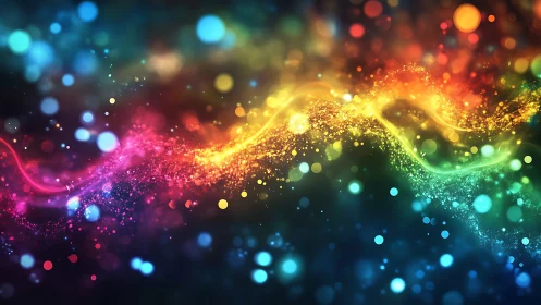 Radiant neon spectrum flows across a sparkling cosmic field.