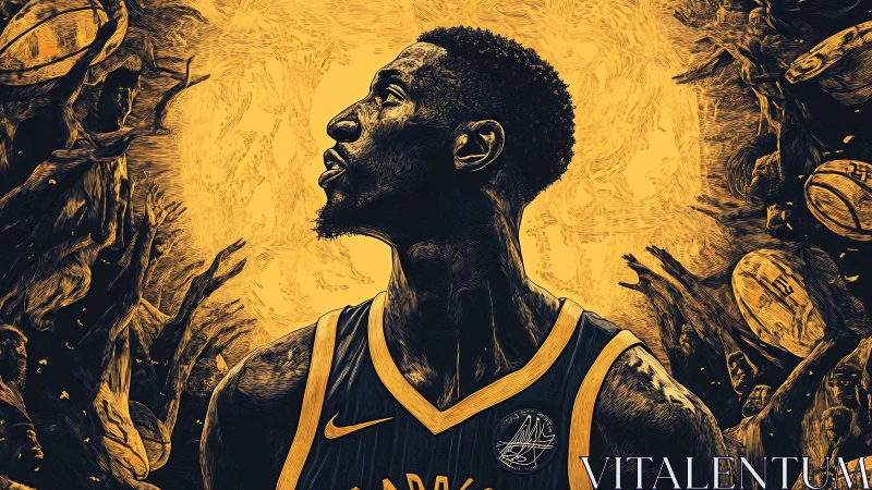 Stylized basketball portrait with textured golden backdrop.
