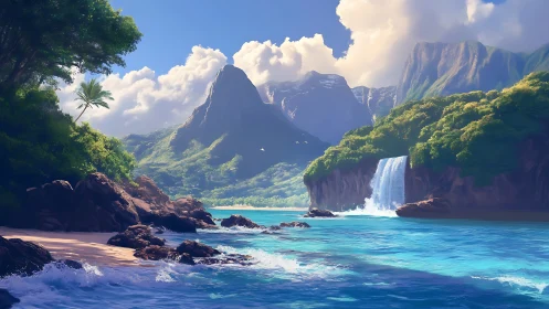 Tropical Coastal Waterfall with Verdant Cliffs and Turquoise Waters.