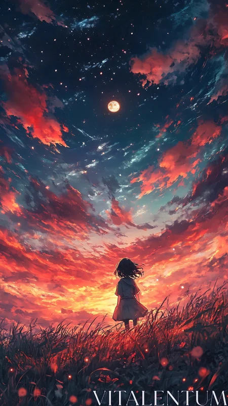 Lone silhouette under luminant nebular sunset skyfield.