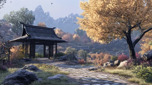 Japanese gate in autumn mountain landscape with stone path.