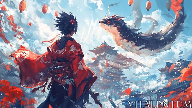 Samurai in dynamic red kimono confronts aerial dragon above temple