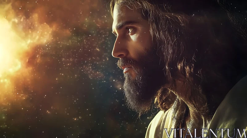 Bearded man profile glows against radiant cosmic nebula.