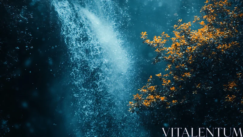 Photorealistic cascade with cyan mist and ember foliage contrast.