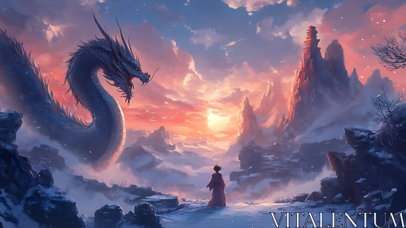 Epic digital painting of dragon and lone wanderer at sunrise.