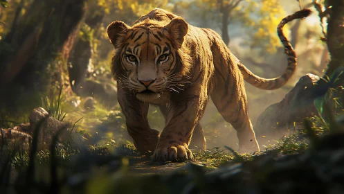 Cinematic tiger stalking through sunlit misty jungle path.