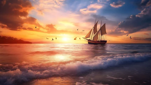 Sunlit schooner gliding through radiant ocean sunset skies.
