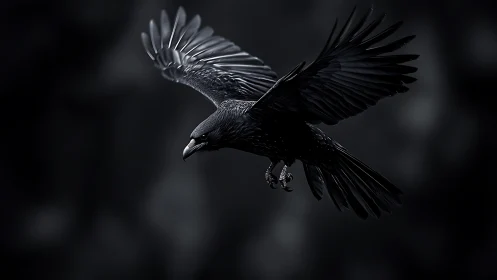 Black Raven in Mid-Flight Against Dark Storm Cloud Backdrop.