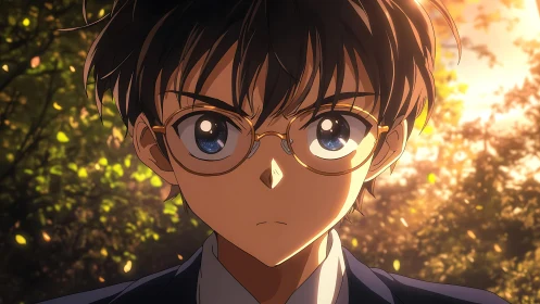 Serious boy with glasses stands outdoors in warm sunset light