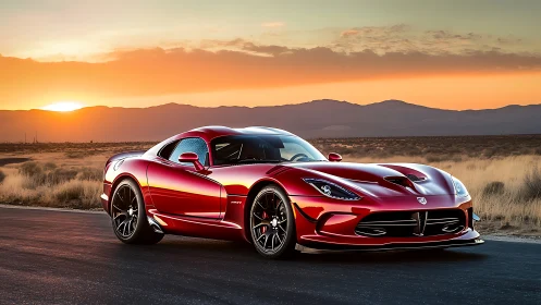 Red performance coupé on rural highway at sunset horizon.