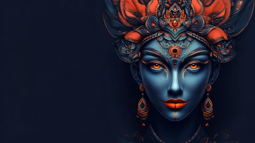 Mystic blue goddess portrait glows with fiery ornate crown