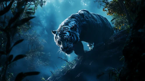 White tiger stalks through misty blue jungle twilight