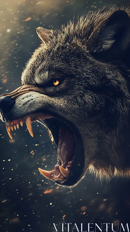 Snarling wolf head exposes fangs in dramatic closeup profile